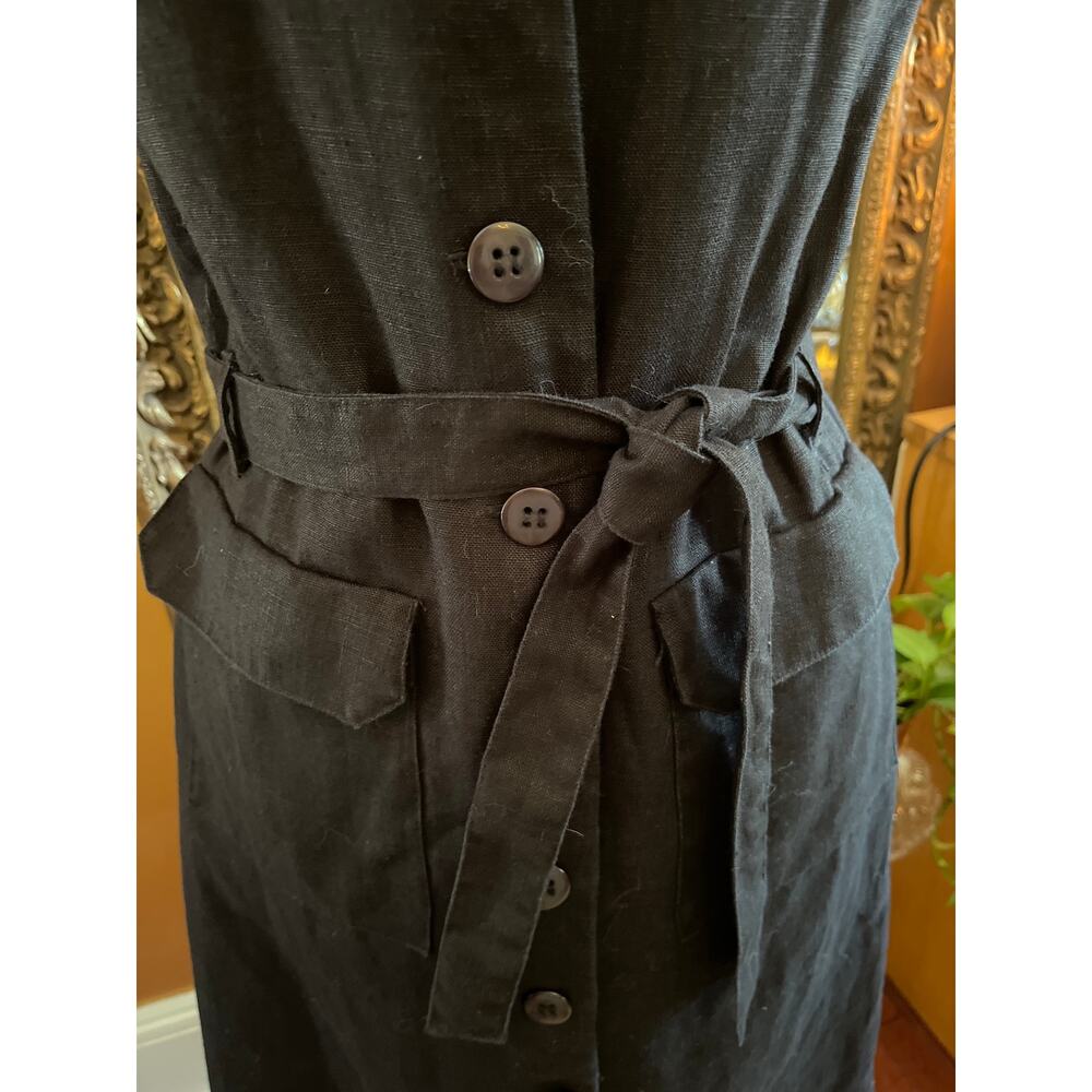 Vintage Thalian Black Linen button up Sleeveless Dress w/pockets & belt Size 8 - Picture 7 of 15